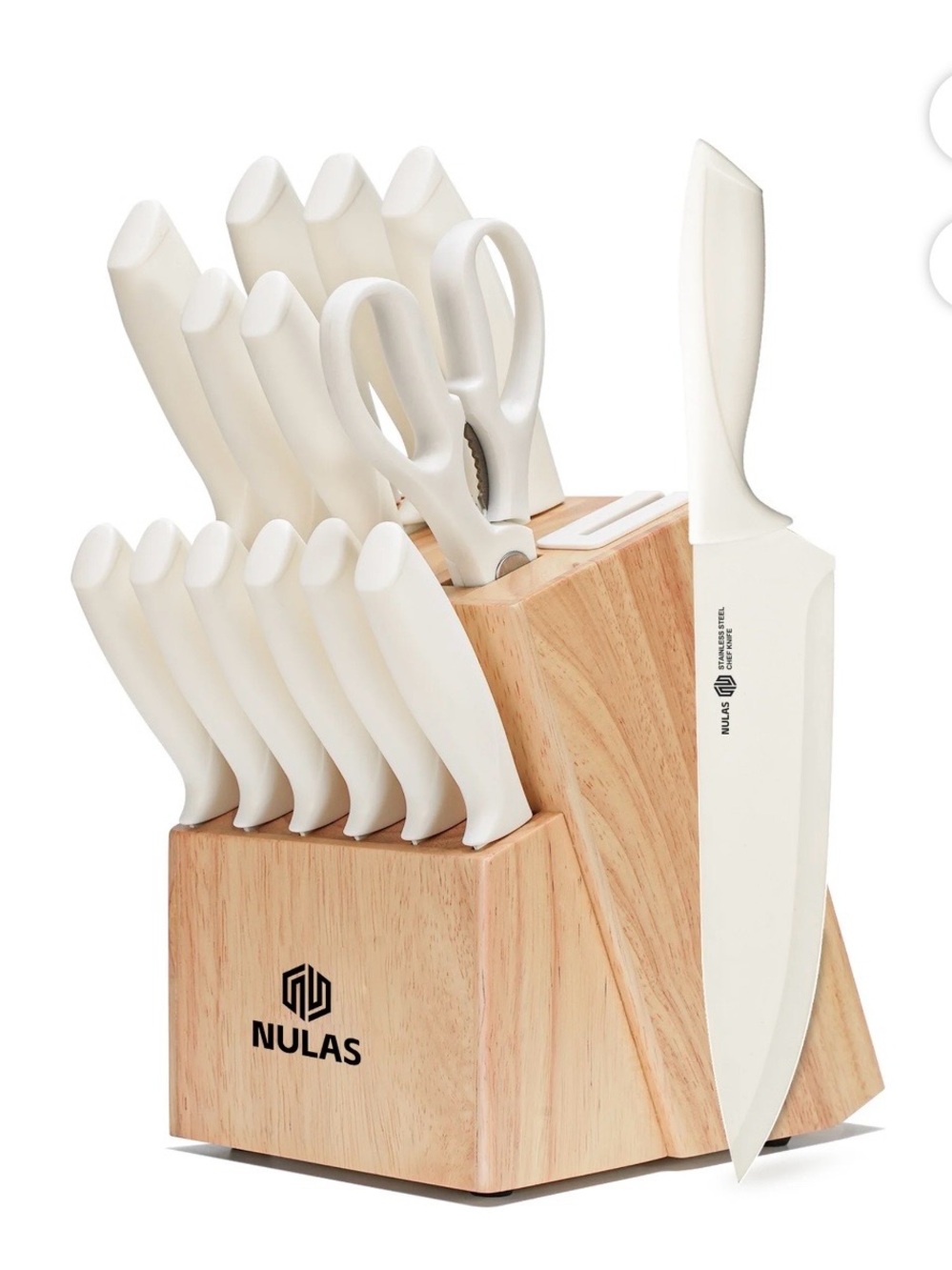 Nulas 12-Piece White Ceramic Knife Set with Wood Block
